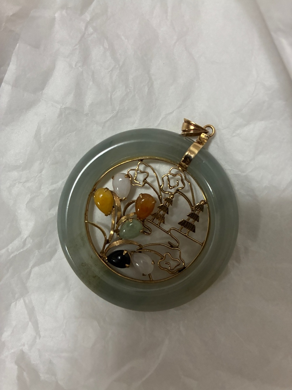 14 k gold Jade Circle Pendant with Multicolor Gem Accents - Picture 1 of 3